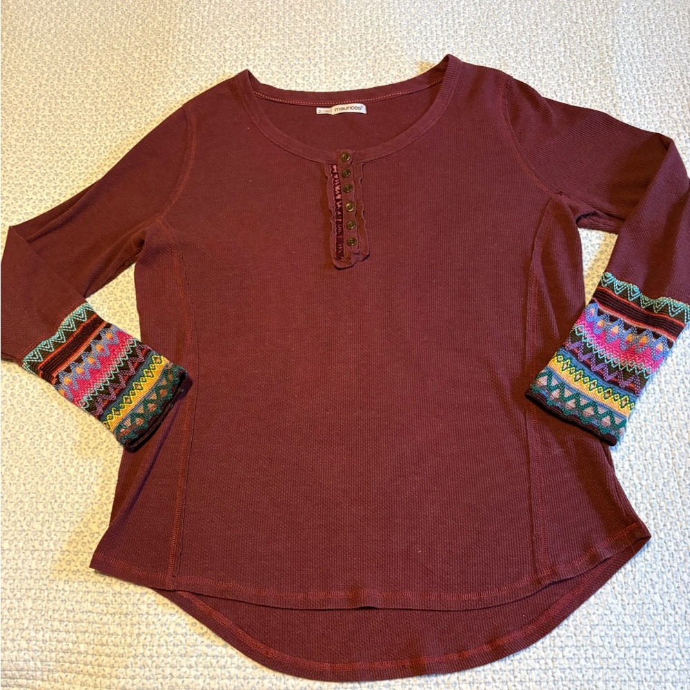 Maurices Maroon Top with Colorful Sleeves